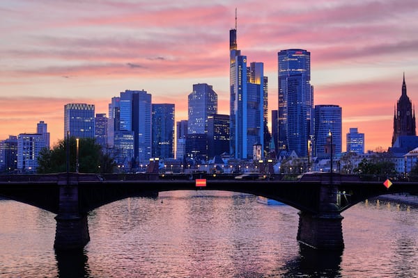 Germany's main financial district is pictured in the setting sun in Frankfurt, Germany, Wednesday, April 9, 2025. (AP Photo/Martin Meissner)