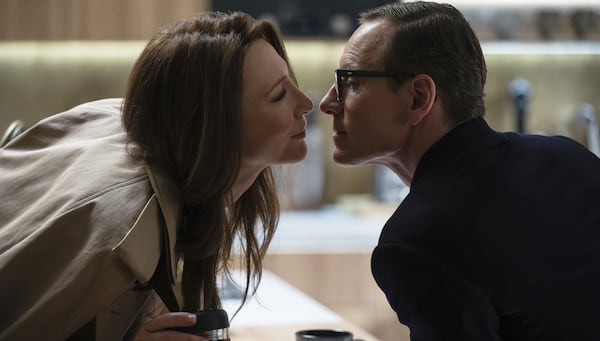 This image released by Focus Features shows Cate Blanchett, left, and Michael Fassbender in a scene from "Black Bag," a film written by David Koepp. (Claudette Barius/Focus Features via AP)