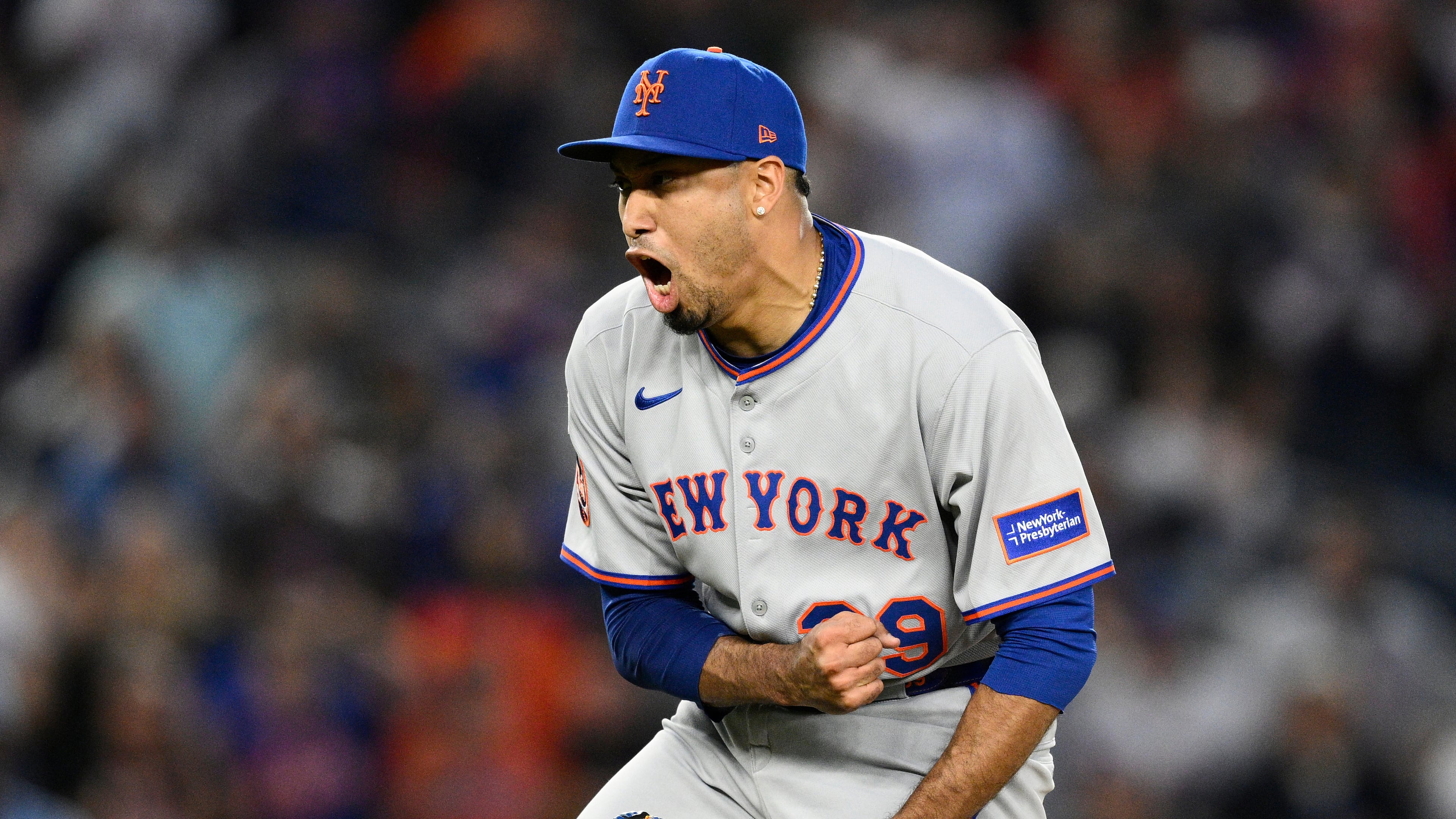 FILE - New York Mets relief pitcher Edwin Diaz (39) reacts at the end of a baseball game against the Washington Nationals, Saturday, April 26, 2025, in Washington. (AP Photo/Nick Wass, File)