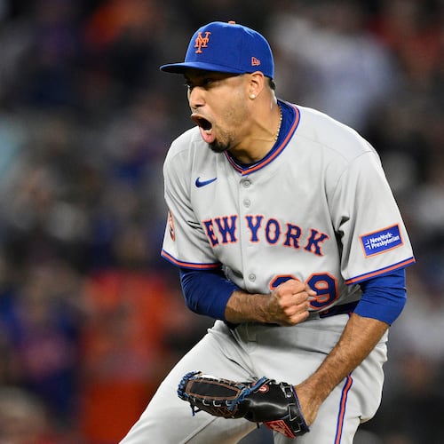 FILE - New York Mets relief pitcher Edwin Diaz (39) reacts at the end of a baseball game against the Washington Nationals, Saturday, April 26, 2025, in Washington. (AP Photo/Nick Wass, File)