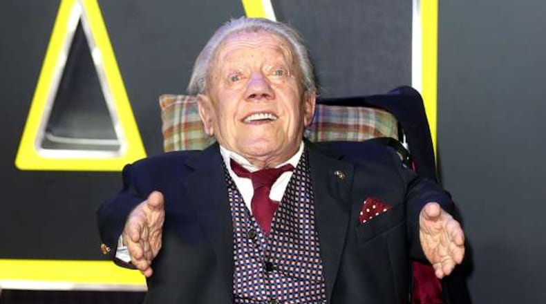 LONDON, ENGLAND - DECEMBER 16: Kenny Baker attends the European Premiere of "Star Wars: The Force Awakens" at Leicester Square on December 16, 2015 in London, England. (Photo by Chris Jackson/Getty Images for Matchless)