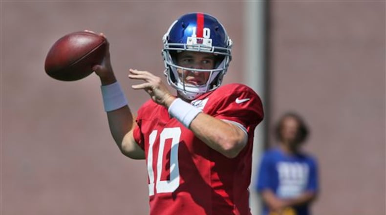 New York Giants quarterback Eli Manning looks to throw during practice at the NFL football teams training camp in East Rutherford, N.J., Tuesday, Aug. 2, 2016. (AP Photo/Seth Wenig)