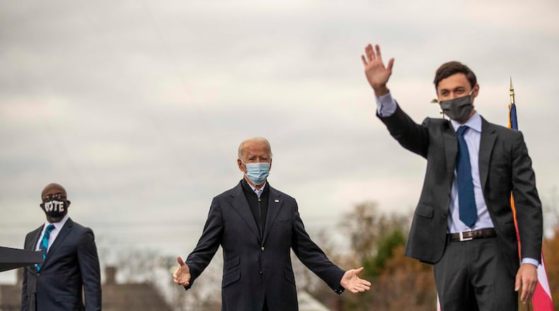 For only the second time since World War II, both of Georgia’s U.S. senators — Raphael Warnock, left, and Jon Ossoff, right, shown campaigning with Joe Biden before November's election — live in metro Atlanta. (Alyssa Pointer/Atlanta Journal-Constitution/TNS)