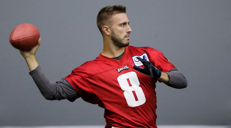 Philadelphia Eagles practice squad quarterback Kyle Lauletta throws a pass Oct. 17, 2019 at the team's training facility in Philadelphia.