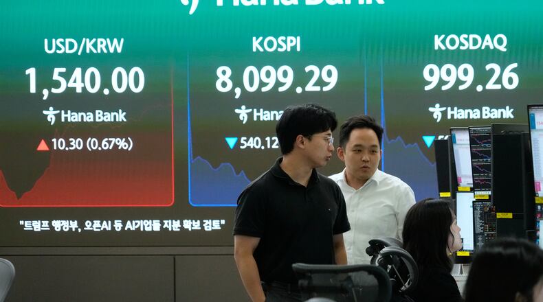 Currency traders watch monitors near a screen showing the Korea Composite Stock Price Index (KOSPI) and the foreign exchange rate between U.S. dollar and South Korean won at the foreign exchange dealing room of the Hana Bank headquarters in Seoul, South Korea, Friday, June 5, 2026. (AP Photo/Ahn Young-joon)