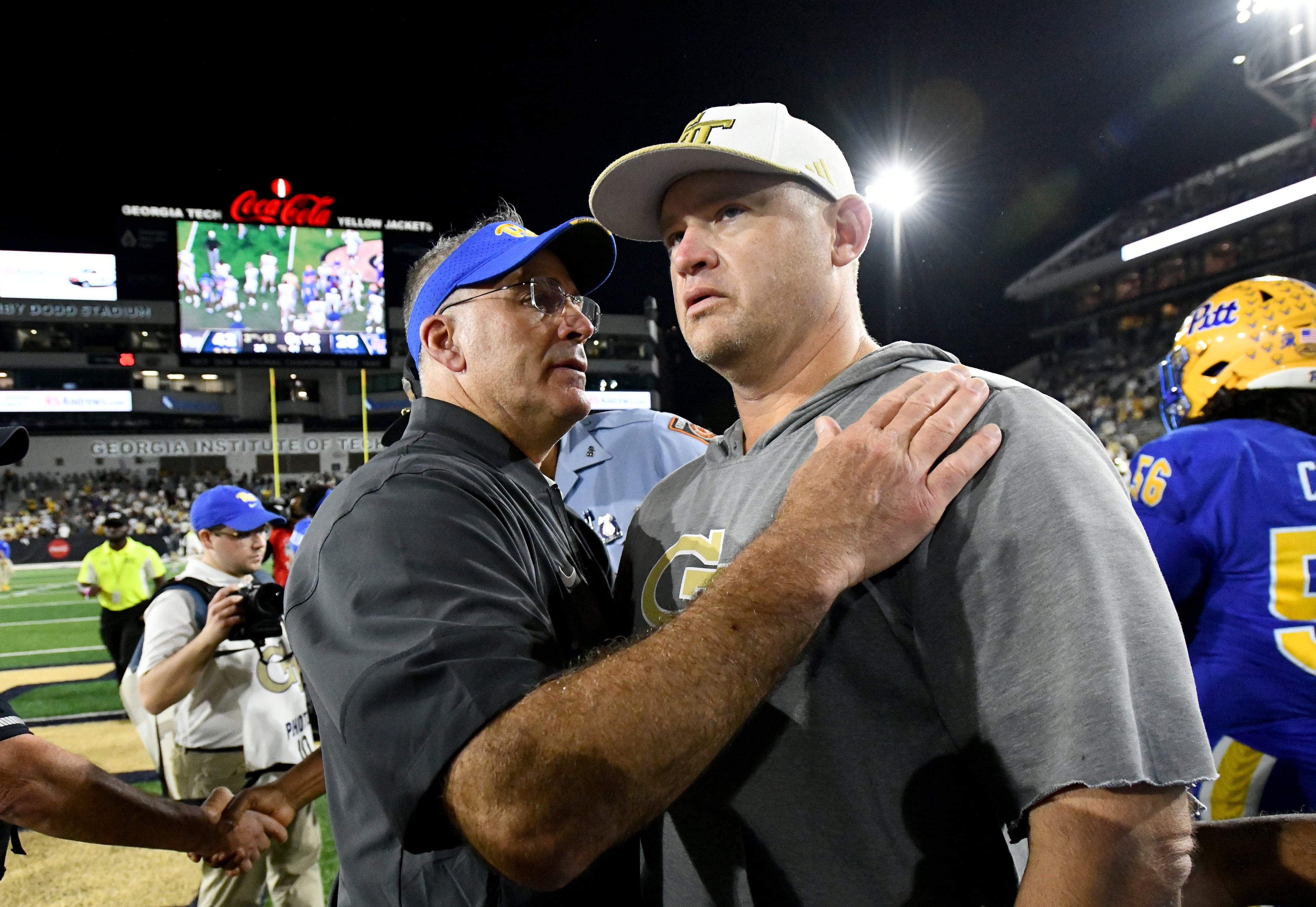 Georgia Tech head coach Brent Key and Pittsburgh head coach Pat Narduzzi shake hands after Pittsburgh beat Georgia Tech during an NCAA college football game at Bobby Dodd Stadium, Saturday, November 22, 2025 in Atlanta. Pittsburgh won 42-28 over Georgia Tech. (Hyosub Shin / AJC)