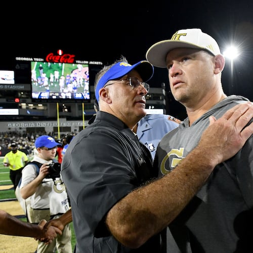 Pittsburgh head coach Pat Narduzzi (left) greets Georgia Tech head coach Brent Key after the Panthers beat the Yellow Jackets 42-28 on Saturday, Nov. 22, 2025, at Bobby Dodd Stadium in Atlanta. (Hyosub Shin/AJC)