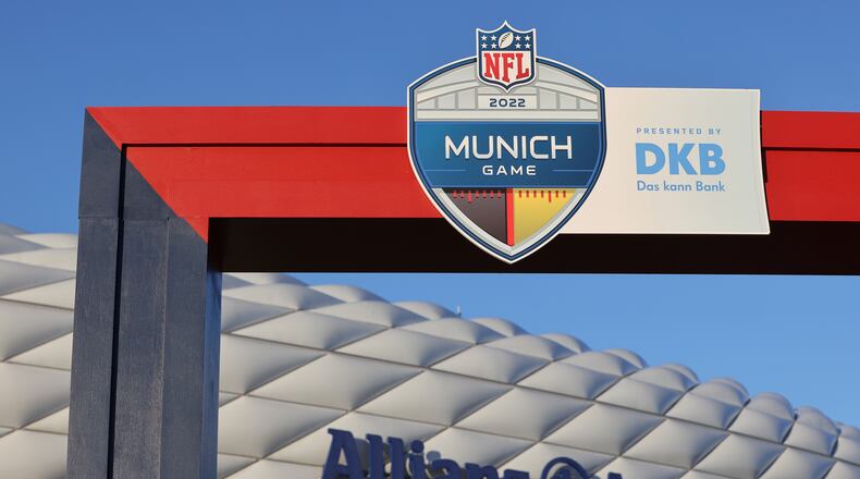 Logo of the NFL Munich game displayed in front of the Allianz Arena before the Seattle Seahawks and Tampa Bay Buccaneers meet on Nov. 13, 2022, in Munich. (Alexandra Beier/Getty Images/TNS)