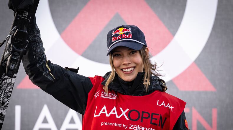 Ailing Eileen Gu of China celebrates winning the final run of the Freeski Slopestyle World Cup at Laax Open, Saturday, Jan. 17, 2026, in Laax, Switzerland. (Andreas Becker/Keystone via AP)