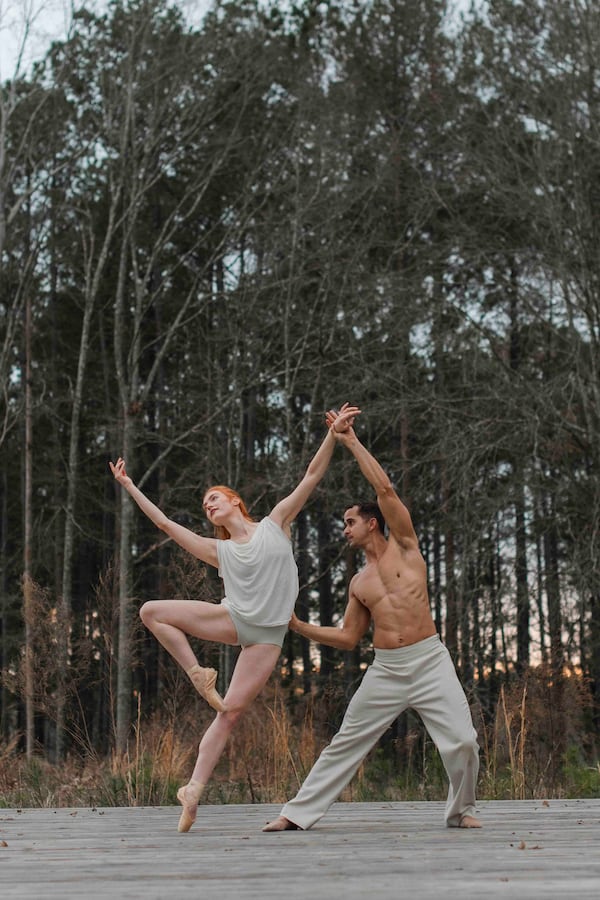 Embodying the anticipation and energy of springtime, "Spring!" dancers Elizabeth Labovitz and Alex Gonzaga rehearse in nature at the Art Farm at Serenbe. (Photo by Christina Massad)