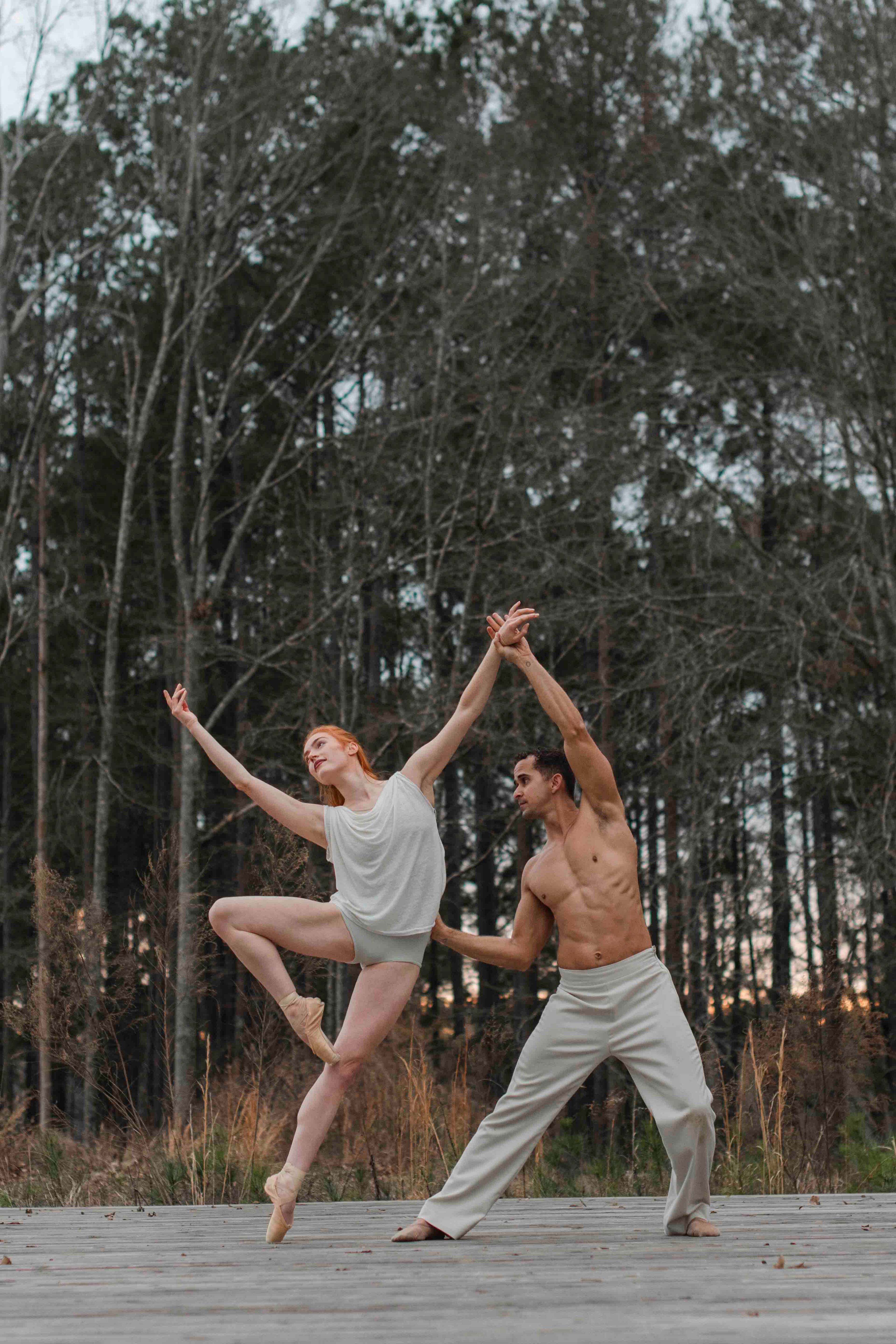 Embodying the anticipation and energy of springtime, "Spring!" dancers Elizabeth Labovitz and Alex Gonzaga rehearse in nature at the Art Farm at Serenbe. (Photo by Christina Massad)