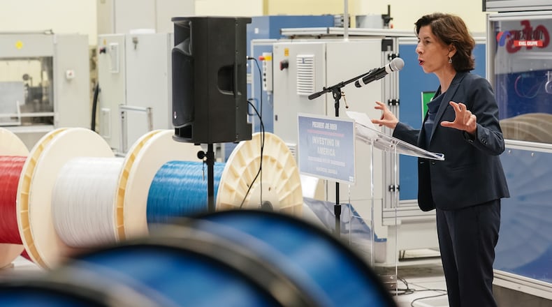 U.S. Secretary of Commerce Gina Raimondo speaks during a press conference at the OFS fiber optic cable manufacturing facilityon Friday, May 10, 2024, in Norcross. (Elijah Nouvelage for The Atlanta Journal-Constitution)