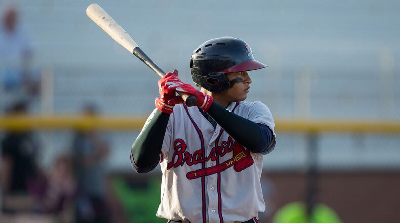 Braves prospect Kevin Maitan (26) at bat against the Burlington Royals at Burlington Athletic Stadium on August 15, 2017 in Burlington, N.C.