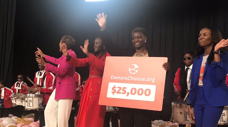 Actress Lupita Nyong'o and Good Morning America's Robin Roberts visited Coretta Scott King Young Women Leadership Academy today to encourage students and present a $25,000 donation. PHOTO: APS Superintendent Twitter