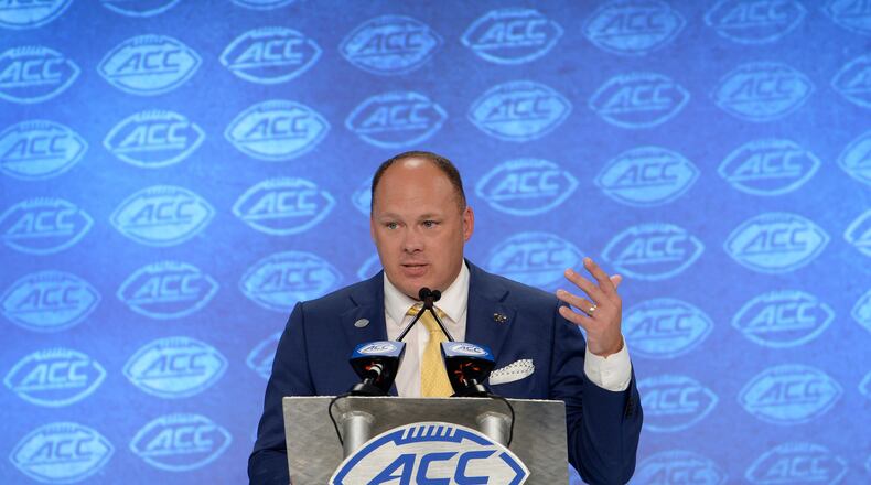 Georgia Tech head coach Geoff Collins addresses the media during the 2019 ACC Football Kickoff in Charlotte, N.C., Thursday July 18, 2019. (Photo by Sara D. Davis, the ACC)
