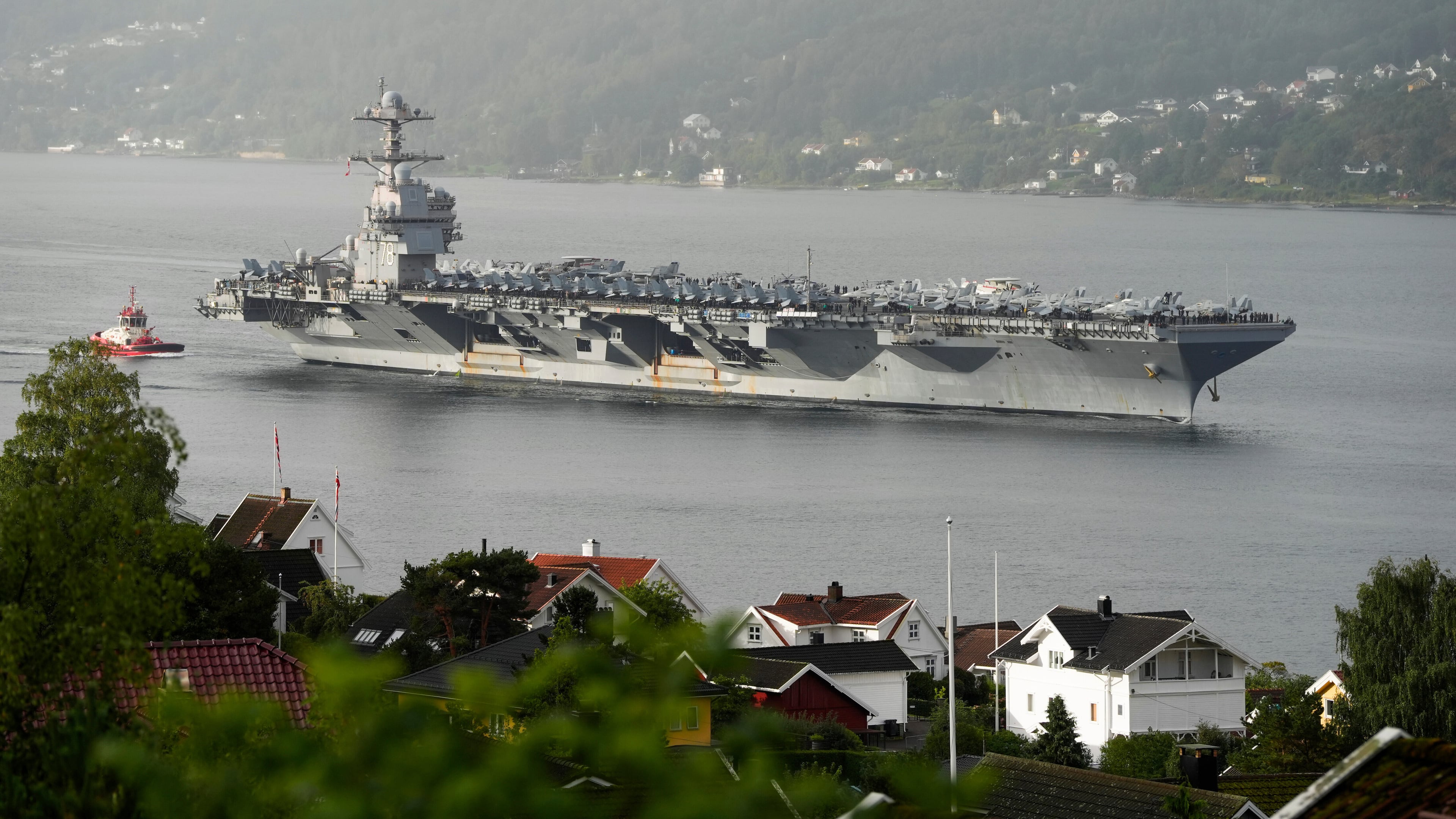 FILE - The American aircraft carrier USS Gerald R. Ford, on its way into the Oslofjord, at Drobak in Norway, Sept. 12, 2025. (Lise Aaserud/NTB Scanpix via AP, File)
