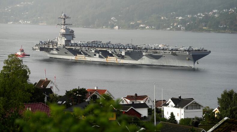 FILE - The American aircraft carrier USS Gerald R. Ford, on its way into the Oslofjord, at Drobak in Norway, Sept. 12, 2025. (Lise Aaserud/NTB Scanpix via AP, File)