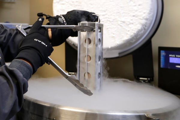 FILE - A container with frozen embryos and sperm stored in liquid nitrogen is removed at a fertility clinic in Fort Myers, Fla., Oct. 2, 2018. (AP Photo/Lynne Sladky, File)
