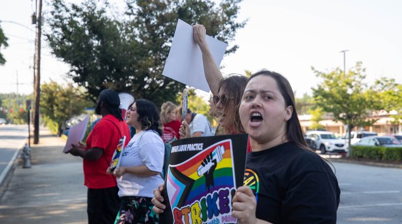 Group of protesters gather outside of the Starbucks at Ansley Mall in Atlanta on Wednesday, June 28, 2023. Joining the workers in the protest were various supporters. They are protesting injustices from the Starbucks company on to their workers. (Katelyn Myrick/katelyn.myrick@ajc.com)