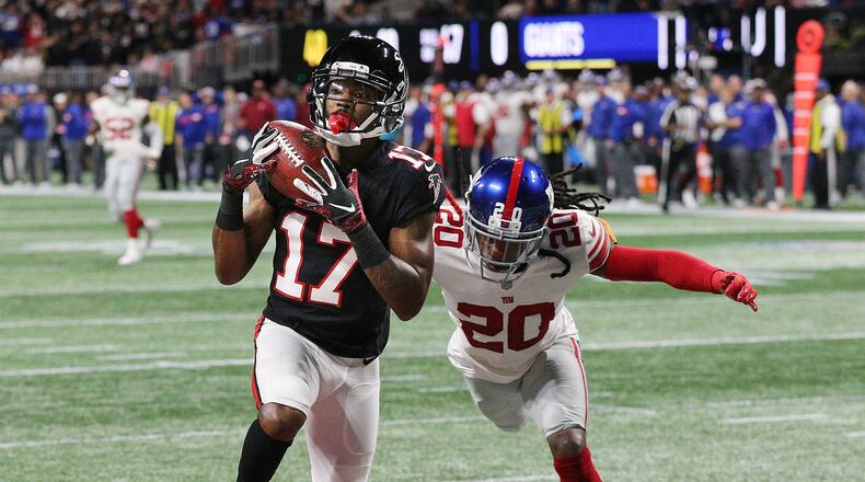 October 22, 2018 Atlanta: Atlanta Falcons wide receiver Marvin Hall catches a touchdown pass past New York Giants cornerback Janoris Jenkins for a 7-0 lead during the second quarter in a NFL football game on Monday, Oct 22, 2018, in Atlanta.   Curtis Compton/ccompton@ajc.com