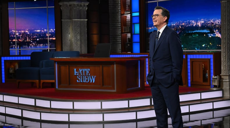 This image released by CBS shows host Stephen Colbert during the final episode of "The Late Show with Stephen Colbert" in New York on Thursday, May 21, 2026. (Scott Kowalchyk/CBS via AP)