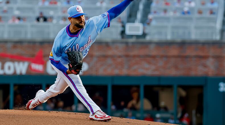 Atlanta Braves pitcher Martín Pérez delivers to a Washington Nationals batter during the first inning of a baseball game, Saturday, Aug. 1, 2026, in Atlanta. (AP Photo/Erik S. Lesser)