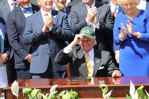 Republican South Carolina Gov. Henry McMaster wears a Santee Cooper hat during a ceremony to celebrate a law changing South Carolina energy policy on Wednesday, June 18, 2025, in Columbia, S.C. (AP Photo/Jeffrey Collins)