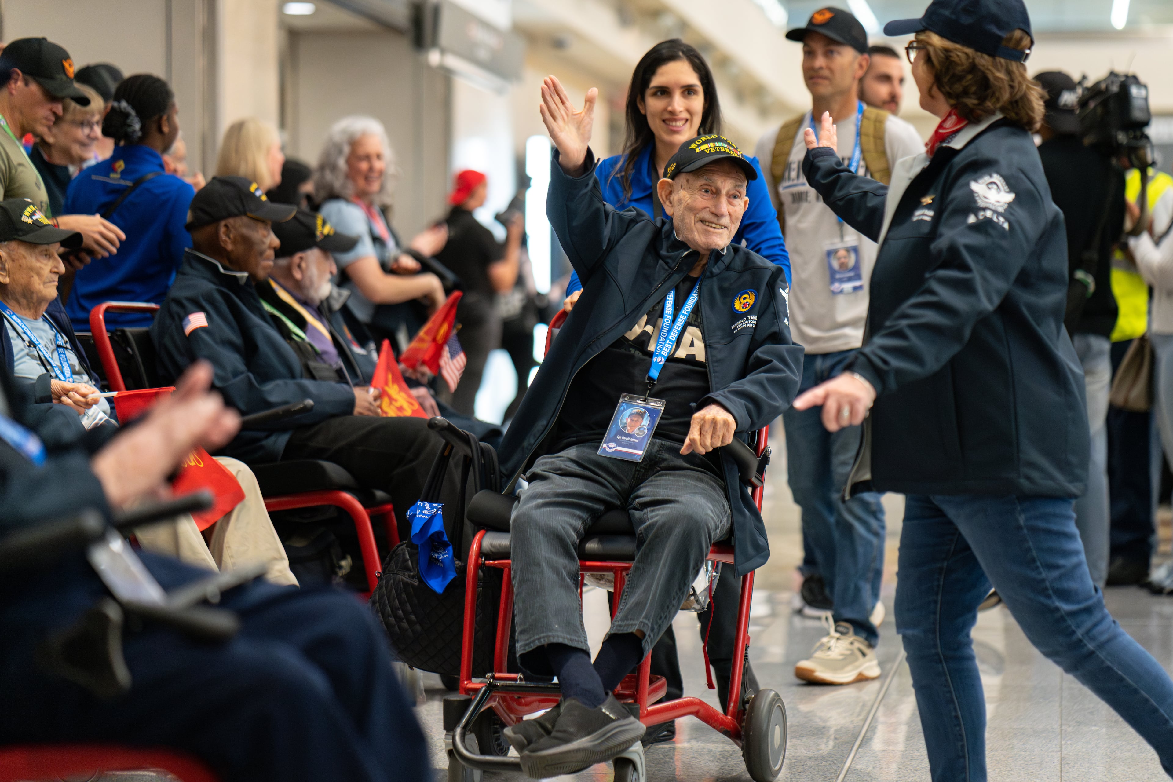 World War Two veterans arrive at Hartsfield-Jackson International airport for the Normandy Legacy Flight to Normandy, France on the 81st anniversary of the D-Day invasion. Saturday, May 31, 2025 (Ben Hendren for the Atlanta Journal-Constitution)