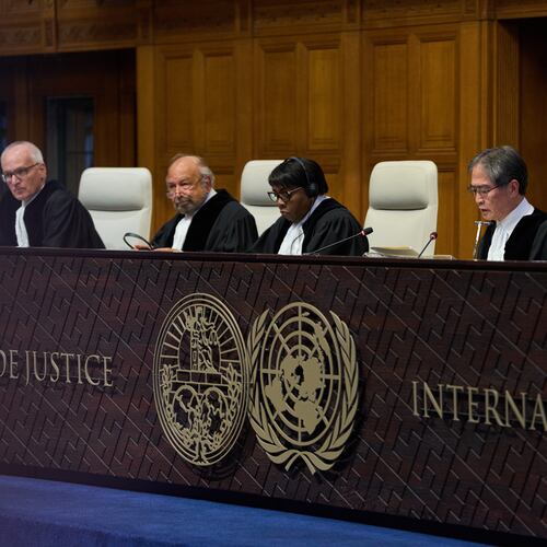 Presiding Judge Yuji Iwasawa, second right, starts reading the advisory opinion of the International Court of Justice on what Israel must do to ensure humanitarian aid reaches Palestinians in Gaza and the occupied West Bank, in The Hague, Netherlands, Wednesday, Oct. 22, 2025. (AP Photo/Peter Dejong)