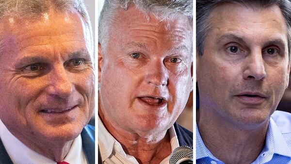 Democratic U.S. Sen. Jon Ossoff will likely face one of these Republican candidates in next year's election (left to right): U.S. Rep. Buddy Carter, U.S. Rep. Mike Collins or Derek Dooley. (AJC file photos)