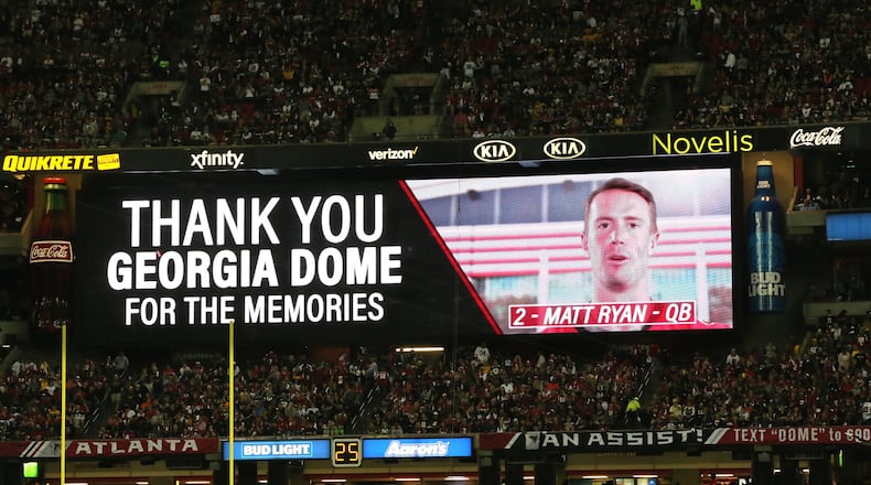 A parting message at the last football game in the Georgia Dome, the NFC Championship game on Jan. 22. (Curtis Compton/ccompton@ajc.com)