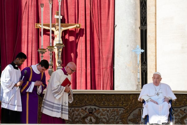 Pope Francis arrives on a wheelchair at the end of a mass in St. Peter's Square at The Vatican, Sunday, April 6, 2025, part of the jubilee of the sick and the health workers. (AP Photo/Andrew Medichini)