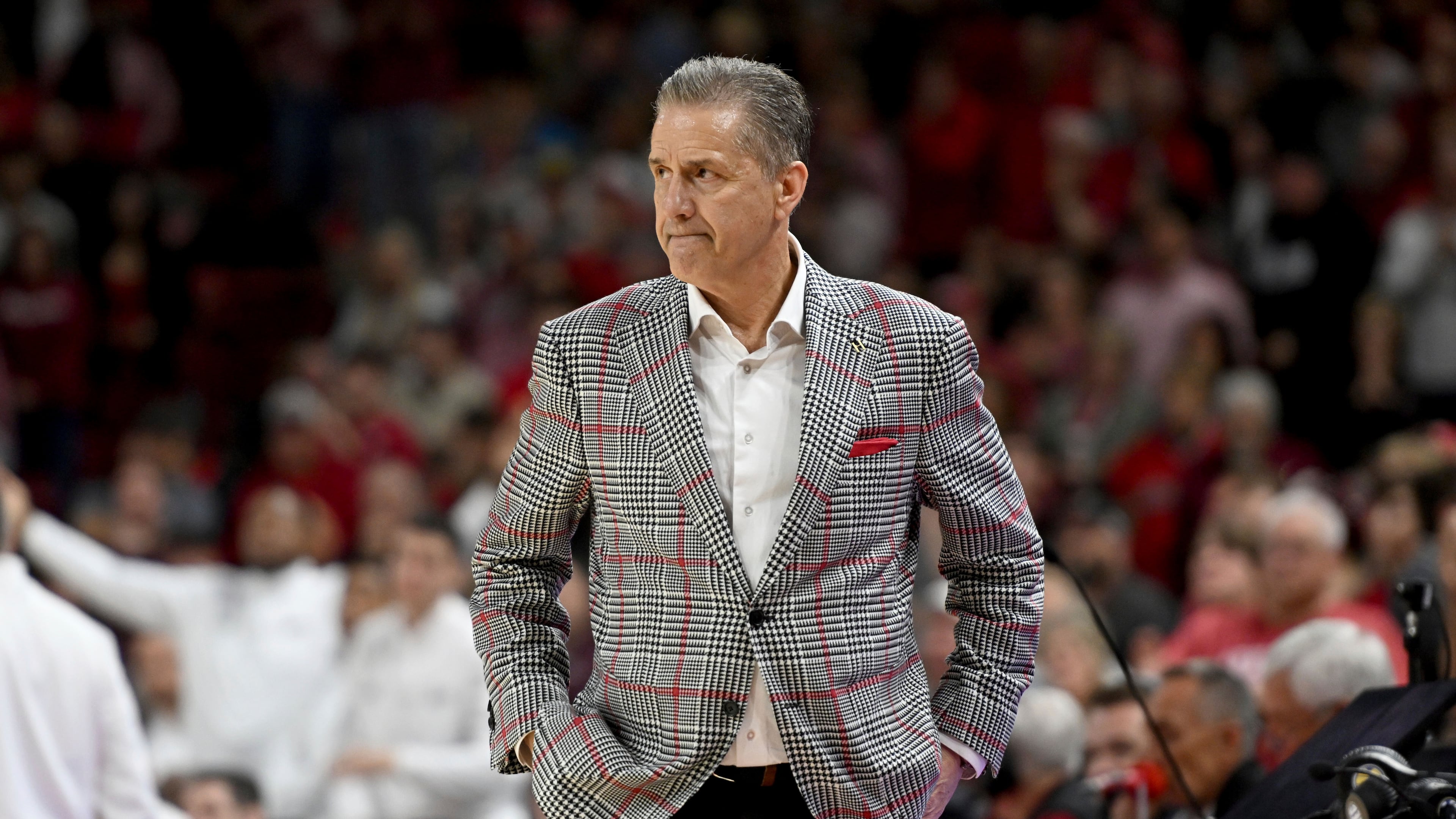 FILE - Arkansas coach John Calipari stands on the sidelines against Mississippi State during an NCAA college basketball game, March 8, 2025, in Fayetteville, Ark. (AP Photo/Michael Woods, File)