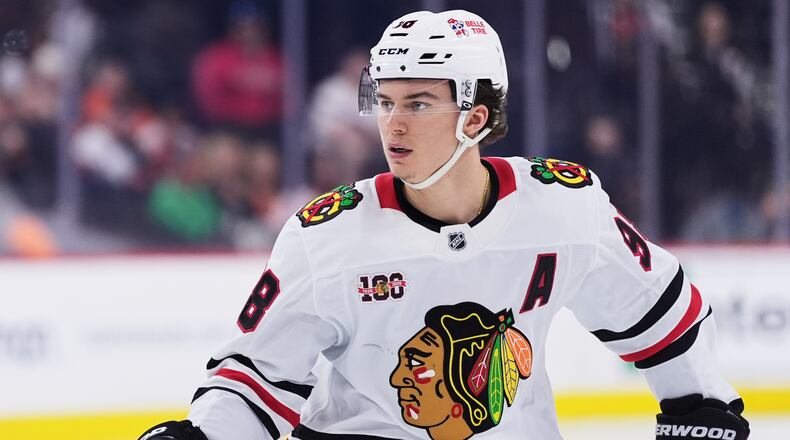 FILE - Chicago Blackhawks' Connor Bedard plays during an NHL hockey game Thursday, March 26, 2026, in Philadelphia. (AP Photo/Matt Slocum, File)