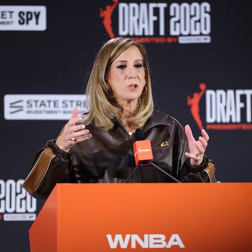 WNBA commissioner Cathy Engelbert speaks before the WNBA basketball draft Monday, April 13, 2026, in New York. (AP Photo/Pamela Smith)