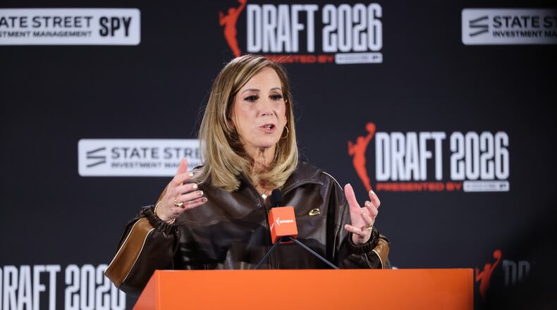 WNBA commissioner Cathy Engelbert speaks before the WNBA basketball draft Monday, April 13, 2026, in New York. (AP Photo/Pamela Smith)