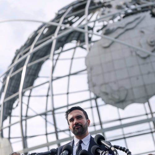 New York City mayor-elect Zohran Mamdani speaks in front of the Unisphere in the Queens borough of New York, Wednesday, Nov. 5, 2025. (AP Photo/Heather Khalifa)