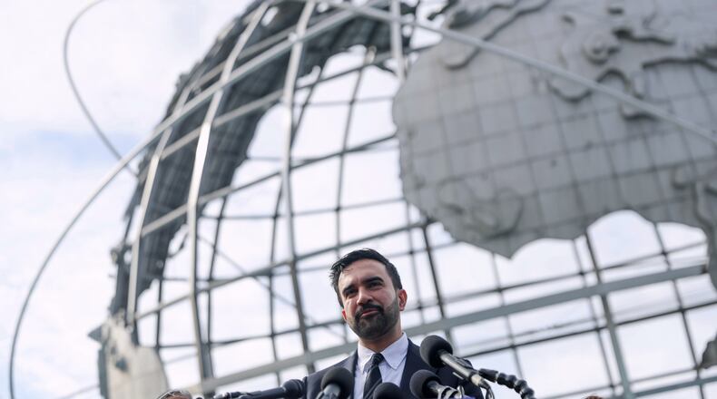 New York City mayor-elect Zohran Mamdani speaks in front of the Unisphere in the Queens borough of New York, Wednesday, Nov. 5, 2025. (AP Photo/Heather Khalifa)
