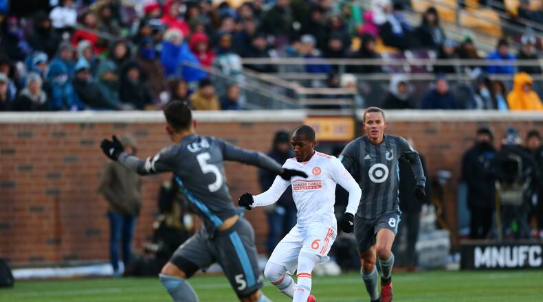 Atlanta United's Darlington Nagbe attempts a pass in the first half of Saturday's game at Minnesota United. (Atlanta United)