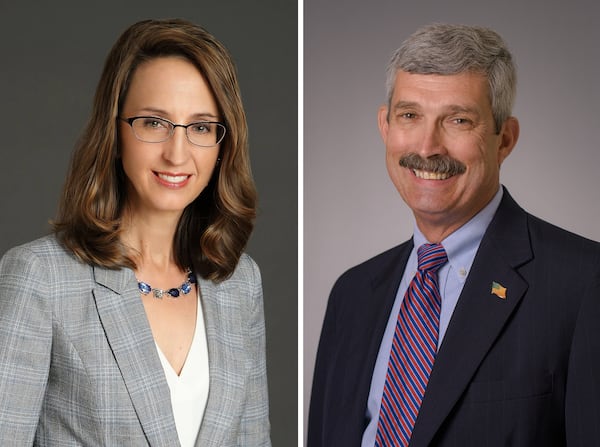 Incumbent Keli Gambrill (left) is running against Clark Hungerford, chair of the Development Authority of Cobb County, for the District 1 seat on the Cobb County Board of Commissioners. (Courtesy)