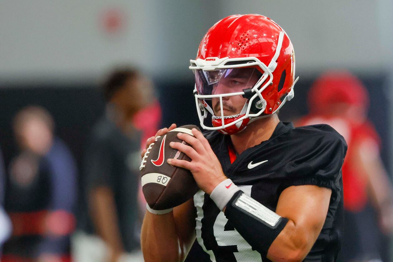 Georgia quarterback Gunner Stockton (14) holds the ball during their first football practice at the University of Georgia practice facility, Wednesday, August 5, 2026, in Athens, Ga. (Miguel Martinez/AJC)