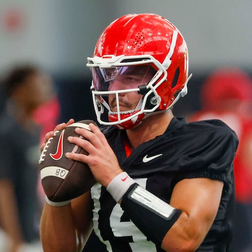 Georgia quarterback Gunner Stockton (14) holds the ball during their first football practice at the University of Georgia practice facility, Wednesday, August 5, 2026, in Athens, Ga. (Miguel Martinez/AJC)