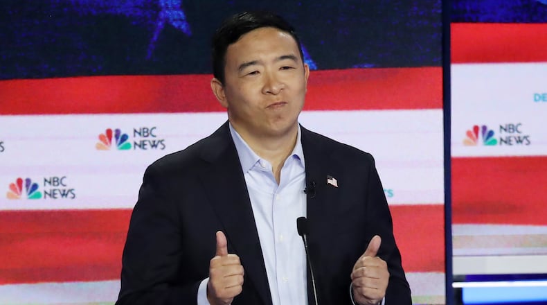 MIAMI, FLORIDA - JUNE 27: Democratic presidential candidate former tech executive Andrew Yang speaks during the second night of the first Democratic presidential debate on June 27, 2019 in Miami, Florida. A field of 20 Democratic presidential candidates was split into two groups of 10 for the first debate of the 2020 election, taking place over two nights at Knight Concert Hall of the Adrienne Arsht Center for the Performing Arts of Miami-Dade County, hosted by NBC News, MSNBC, and Telemundo. (Photo by Drew Angerer/Getty Images)