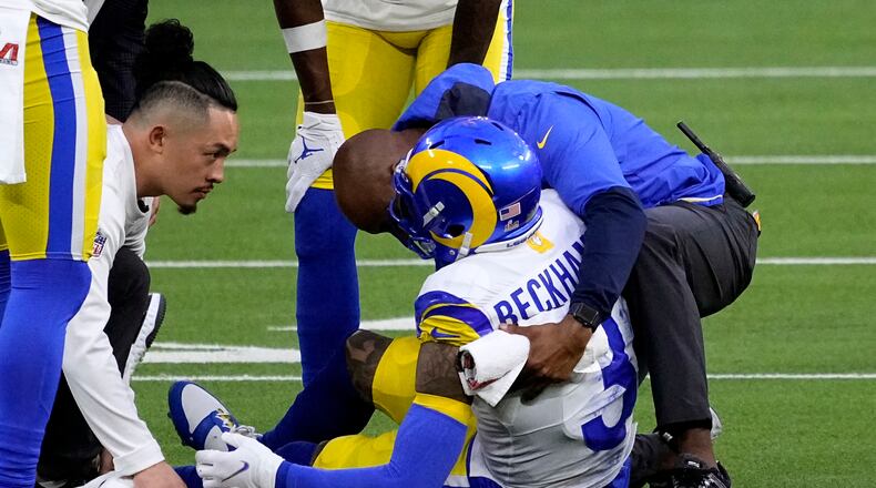 Los Angeles Rams wide receiver Odell Beckham Jr. (3) lies injured against the Cincinnati Bengals during the first half of the NFL Super Bowl 56 football game Sunday, Feb. 13, 2022, in Inglewood, Calif. (AP Photo/Elaine Thompson)