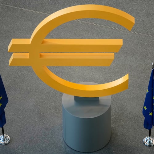 FILE -The Euro currency symbol is seen prior to a press conference after an ECB's governing council meeting in Frankfurt, Germany, Dec. 18, 2025. (AP Photo/Michael Probst, File)