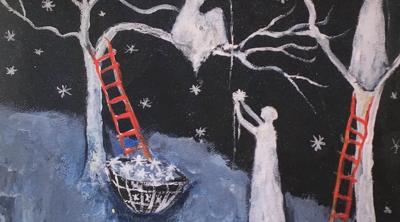 Jeanie Tomanek's painting, "Stitching the Stars," appears on the cover of Raquel Vasquez Gilliland's poetry collection, "Dirt and Honey."
Courtesy of Jeanie Tomanek