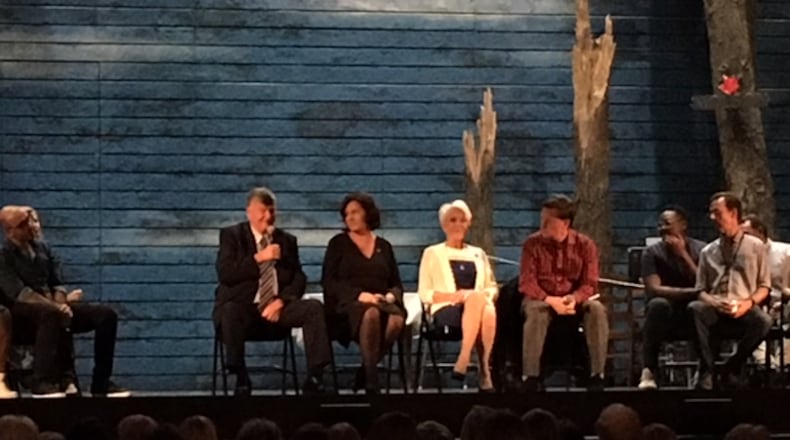 The cast of "Come From Away" joined (from left) Claude Elliott, former mayor of Gander; Lisa Pierce from Air Canada; Beverley Bass, former American Airlines pilot; and Kevin Tuerff, passenger and author, for a panel discussion at the Fox Theatre following the June 25, 2019 performance of the musical.