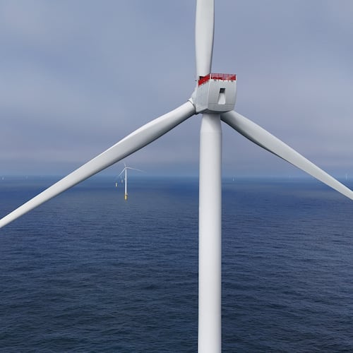 Turbines are visible at Sunrise Wind offshore wind farm that is under construction off the coast of Montauk Point, New York, Thursday, April 23, 2026. (AP Photo/Joshua A. Bickel)