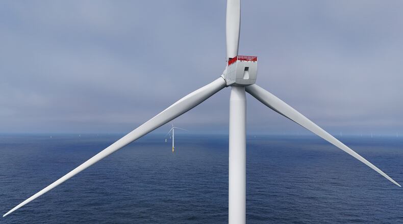 Turbines are visible at Sunrise Wind offshore wind farm that is under construction off the coast of Montauk Point, New York, Thursday, April 23, 2026. (AP Photo/Joshua A. Bickel)