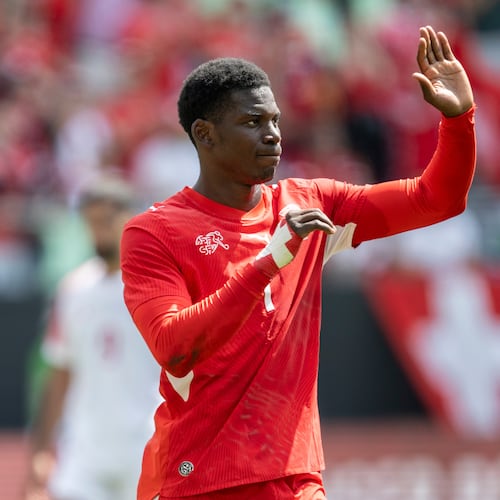 Switzerland's Breel Embolo celebrates scoring during the international friendly soccer match between Switzerland and Jordan in St. Gallen, Switzerland, Sunday, May 31, 2026. (Gian Ehrenzeller/Keystone via AP)